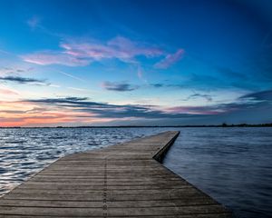 Preview wallpaper pier, horizon, sunset, water, wooden