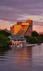 Preview wallpaper pier, house, buildings, river, trees, sunset