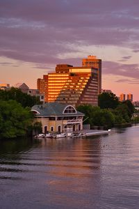 Preview wallpaper pier, house, buildings, river, trees, sunset