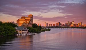 Preview wallpaper pier, house, buildings, river, trees, sunset