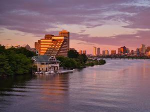 Preview wallpaper pier, house, buildings, river, trees, sunset