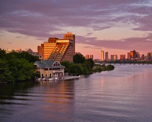 Preview wallpaper pier, house, buildings, river, trees, sunset