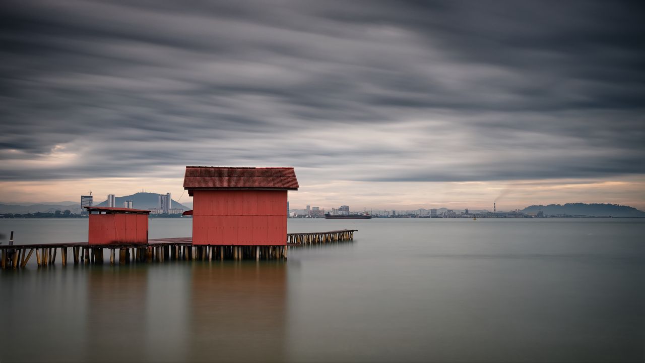 Wallpaper pier, house, horizon, river