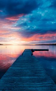 Preview wallpaper pier, lake, bridge, sunset