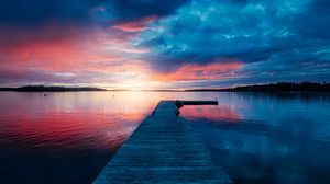 Preview wallpaper pier, lake, bridge, sunset