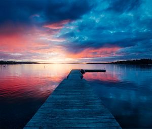 Preview wallpaper pier, lake, bridge, sunset
