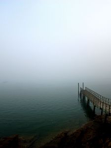 Preview wallpaper pier, lake, descent, uncertainty, fog