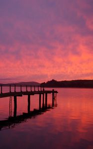 Preview wallpaper pier, lake, hills, evening