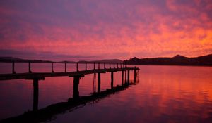 Preview wallpaper pier, lake, hills, evening