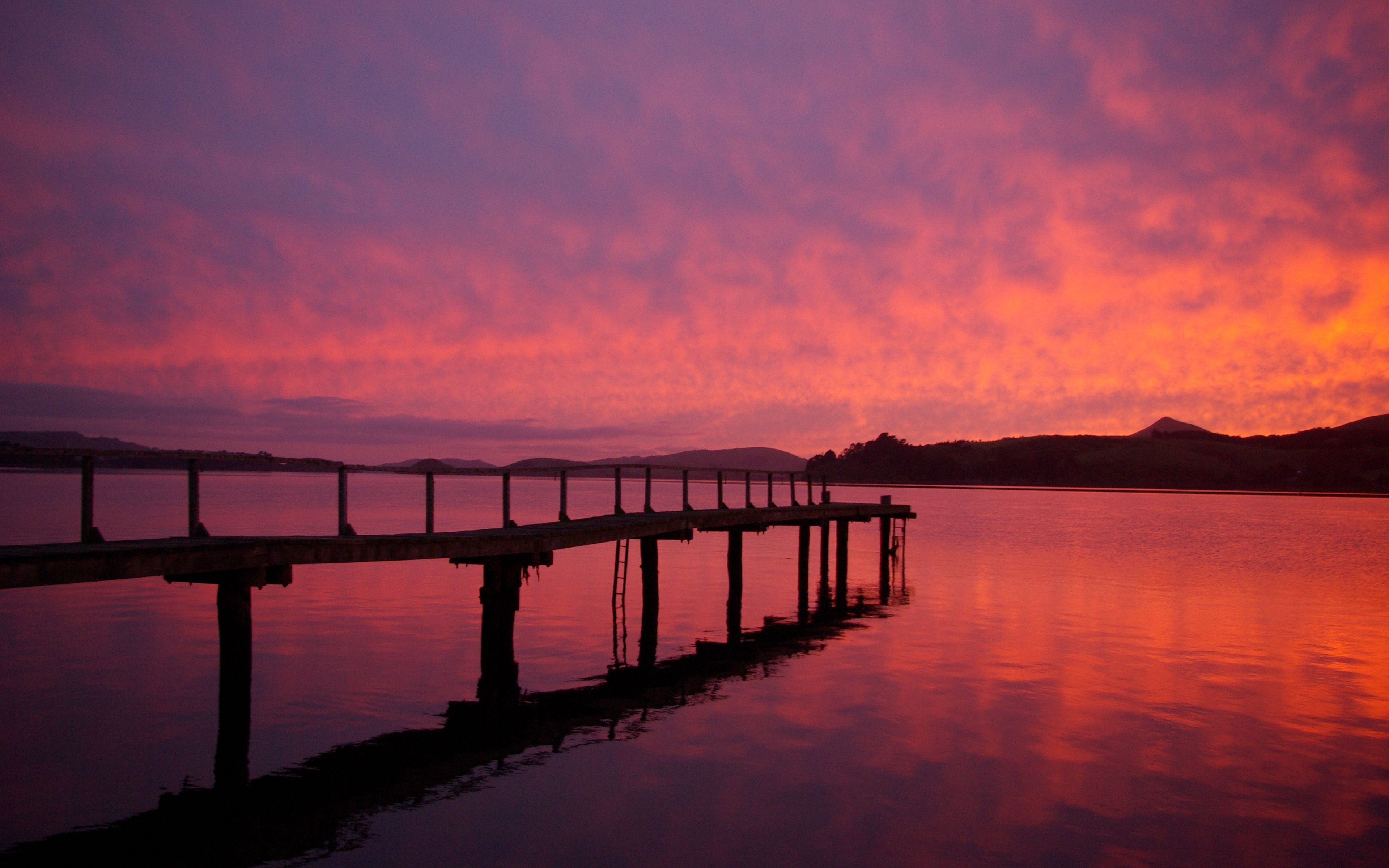 Download wallpaper 3840x2400 pier, lake, hills, evening 4k ultra hd 16