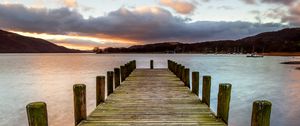 Preview wallpaper pier, lake, horizon, clouds, sky