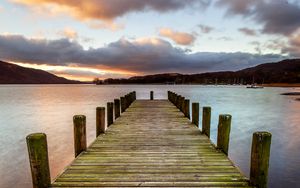 Preview wallpaper pier, lake, horizon, clouds, sky