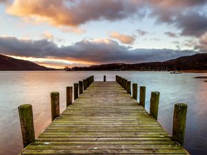 Preview wallpaper pier, lake, horizon, clouds, sky
