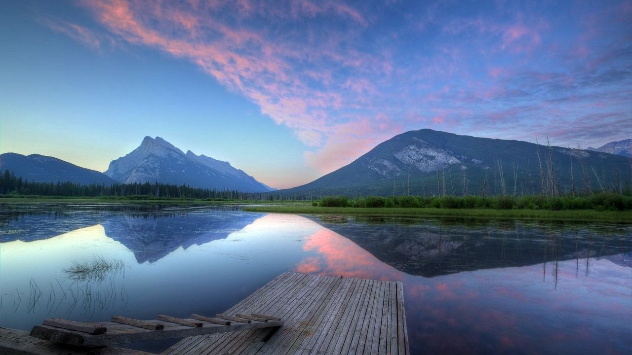 Wallpaper pier, lake, ladder, surface, water smooth surface, blue sky, tenderness, serenity