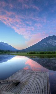 Preview wallpaper pier, lake, ladder, surface, water smooth surface, blue sky, tenderness, serenity