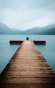 Preview wallpaper pier, lake, loneliness, fog, man