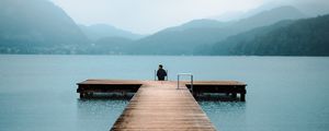 Preview wallpaper pier, lake, loneliness, fog, man