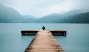 Preview wallpaper pier, lake, loneliness, fog, man