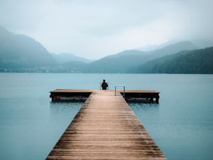 Preview wallpaper pier, lake, loneliness, fog, man