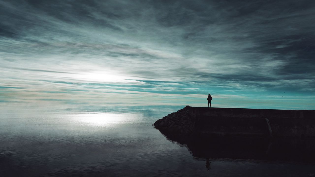 Wallpaper pier, lake, man, silhouette, dark