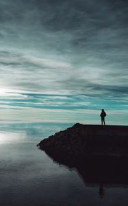 Preview wallpaper pier, lake, man, silhouette, dark