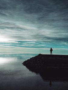 Preview wallpaper pier, lake, man, silhouette, dark