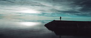 Preview wallpaper pier, lake, man, silhouette, dark