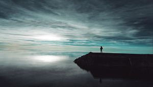 Preview wallpaper pier, lake, man, silhouette, dark