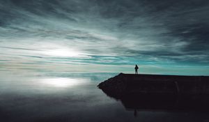 Preview wallpaper pier, lake, man, silhouette, dark