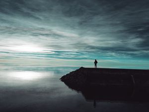 Preview wallpaper pier, lake, man, silhouette, dark