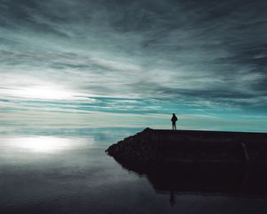 Preview wallpaper pier, lake, man, silhouette, dark