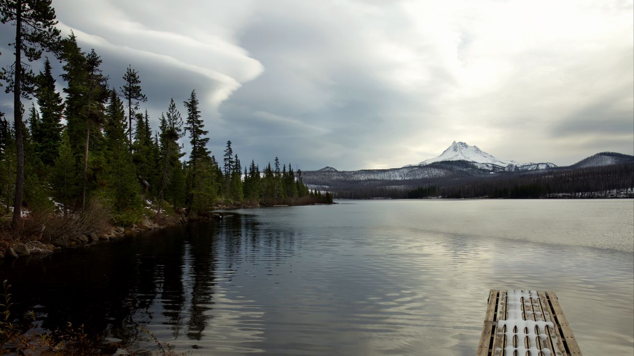 Wallpaper pier, lake, mountain, landscape, snow, winter