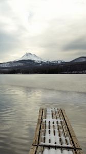 Preview wallpaper pier, lake, mountain, landscape, snow, winter