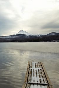 Preview wallpaper pier, lake, mountain, landscape, snow, winter