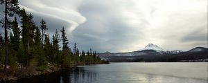 Preview wallpaper pier, lake, mountain, landscape, snow, winter