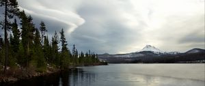 Preview wallpaper pier, lake, mountain, landscape, snow, winter