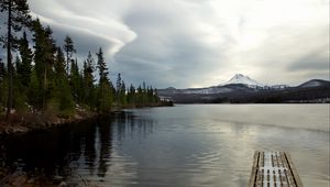 Preview wallpaper pier, lake, mountain, landscape, snow, winter