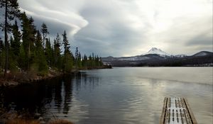 Preview wallpaper pier, lake, mountain, landscape, snow, winter
