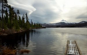 Preview wallpaper pier, lake, mountain, landscape, snow, winter