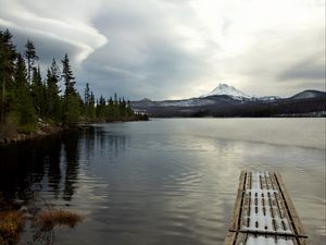 Preview wallpaper pier, lake, mountain, landscape, snow, winter