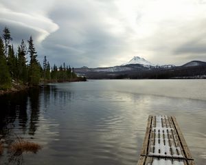 Preview wallpaper pier, lake, mountain, landscape, snow, winter