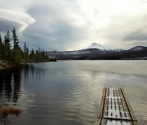 Preview wallpaper pier, lake, mountain, landscape, snow, winter