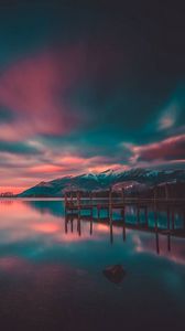 Preview wallpaper pier, lake, mountains, photoshop, sunset