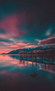 Preview wallpaper pier, lake, mountains, photoshop, sunset