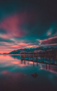 Preview wallpaper pier, lake, mountains, photoshop, sunset