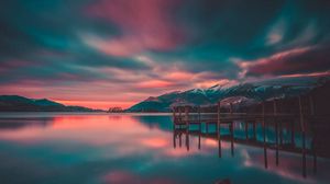 Preview wallpaper pier, lake, mountains, photoshop, sunset