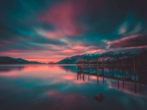 Preview wallpaper pier, lake, mountains, photoshop, sunset