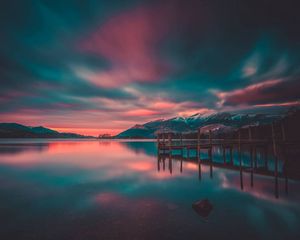 Preview wallpaper pier, lake, mountains, photoshop, sunset
