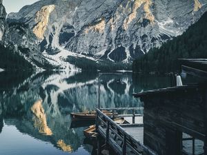 Preview wallpaper pier, lake, mountains, landscape, dock