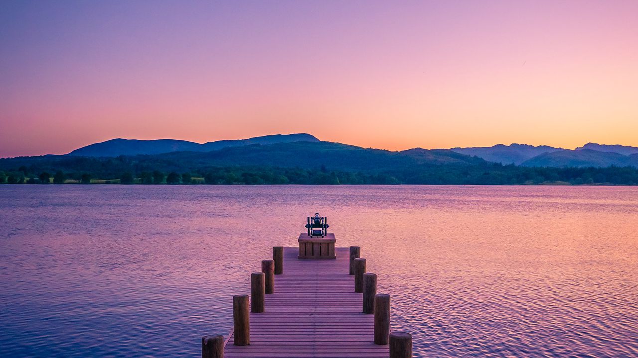 Wallpaper pier, lake, mountains, dusk, nature